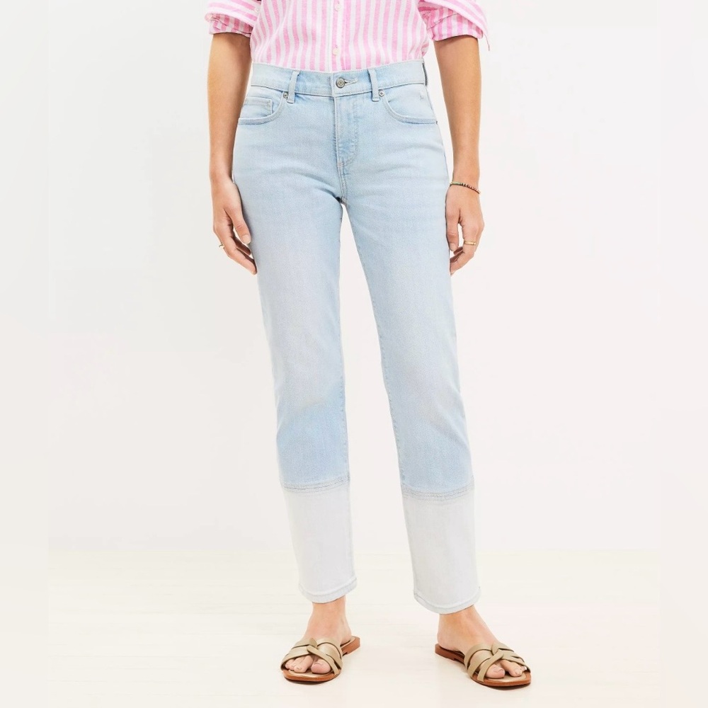 LOFT Curvy Girlfriend Jeans in Patched Light Indigo Wash